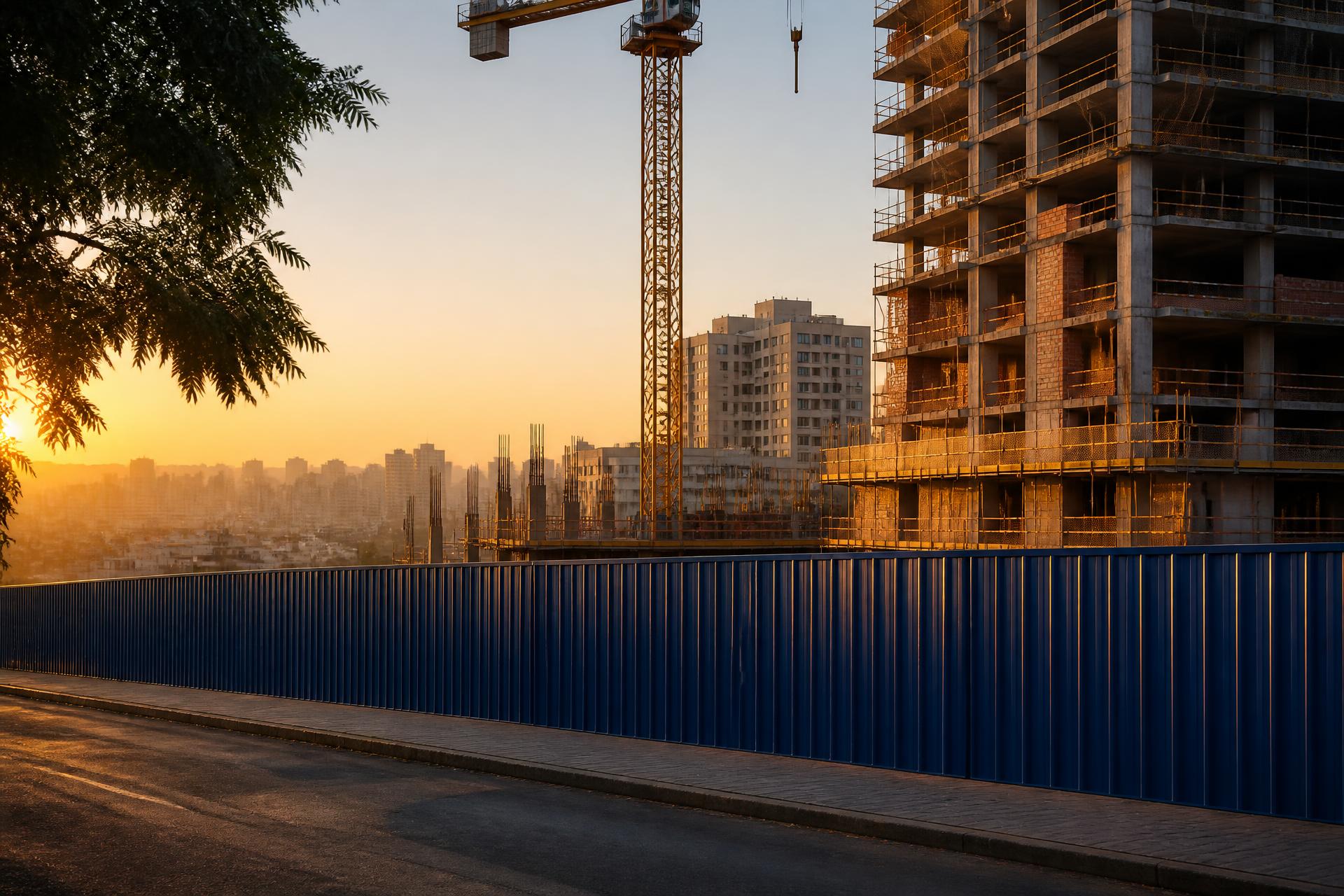 Tapume metálico azul em obra com o horizonte de São Paulo ao fundo